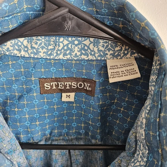 Stetson Men's Medium Button-Down Long Sleeve Blue Geometric Shirt Floral Cuff - Picture 3 of 6